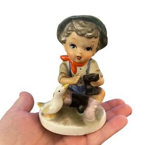 Vintage "Hummel-like" Little Boy Sandy Shoes and Goose Ceramic Figurine